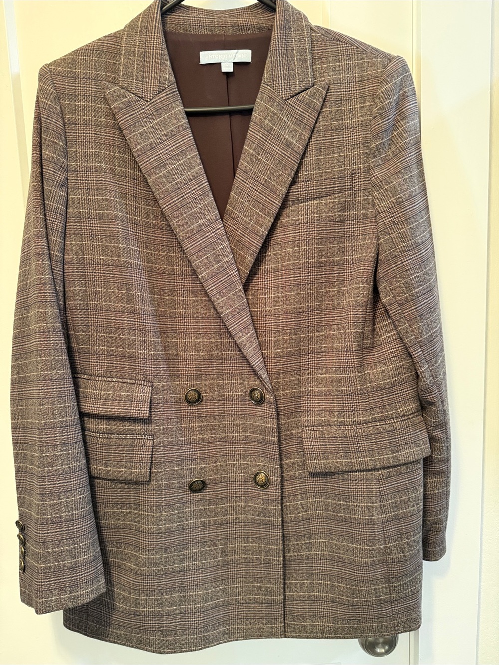 ANTONIO MELANI Women's Brown Plaid Double-Breasted Blazer size 12